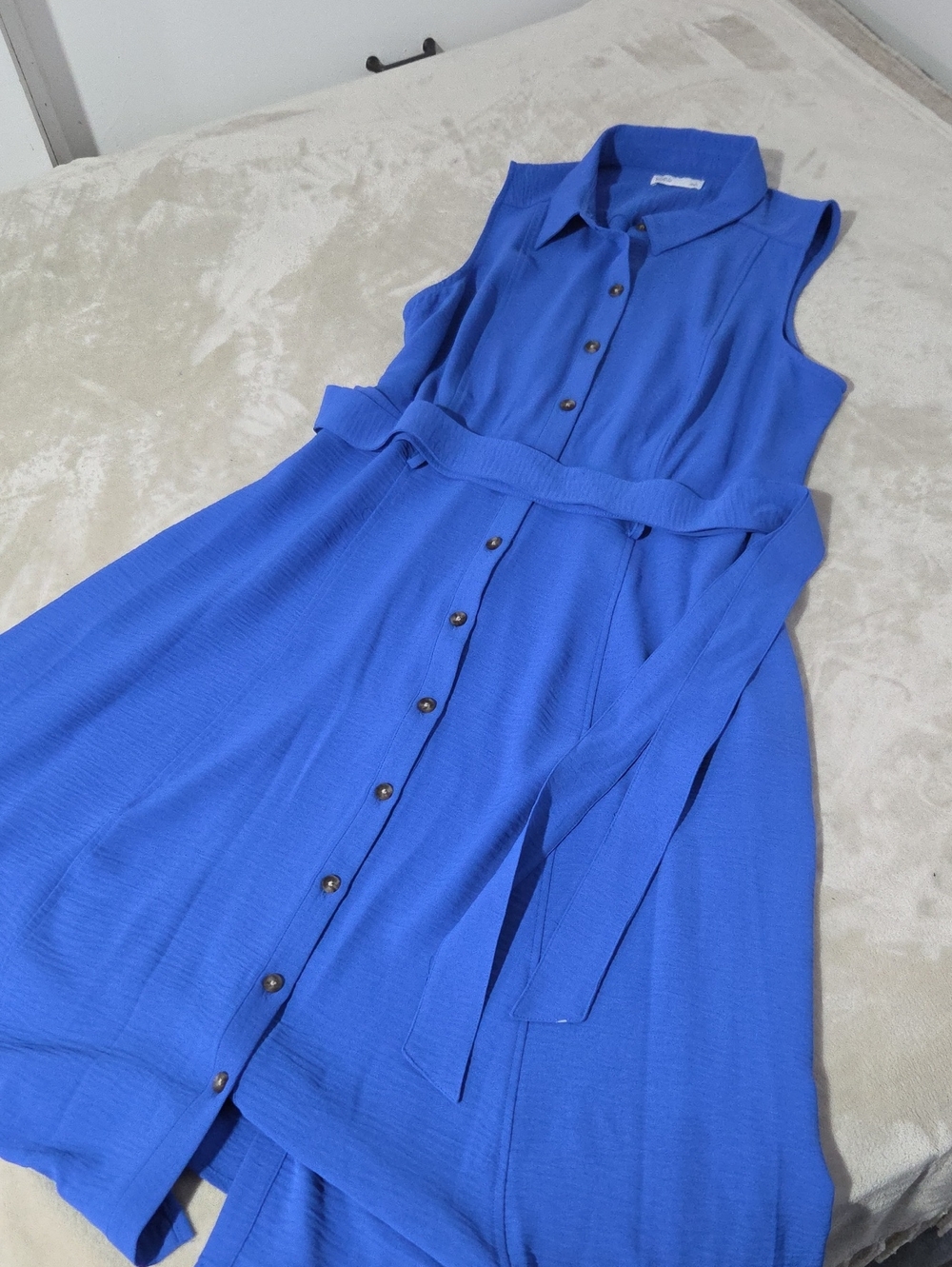 Sleeveless Royal Blue Button-Front Shirt Dress with Self Tie Belt